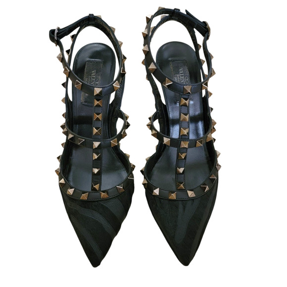 Valentino Rockstud Black Leather Zebra Calf Hair Ankle Strap Pumps Heels 39 9 - Picture 6 of 12